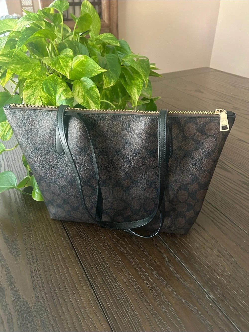 Coach Zip Tote Signature Canvas Leather Trim
